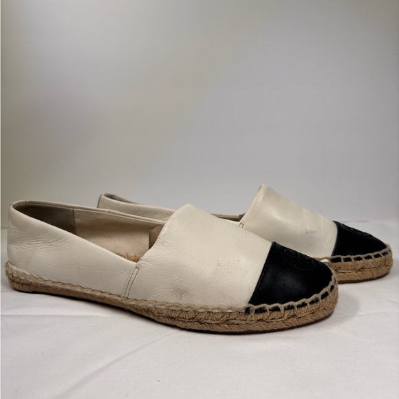 Tory Burch Colorblock Leather Espadrille Flats Black White Logo Cap Toe Slip-On✨ - Picture 5 of 9